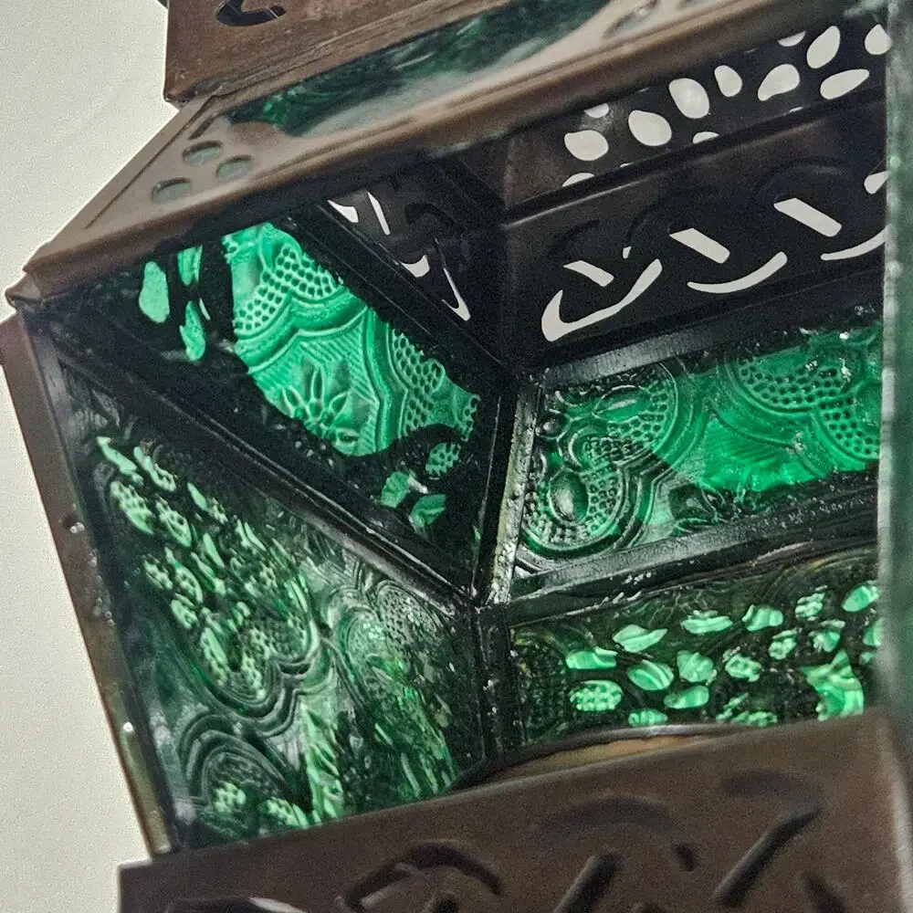 Vintage Pier 1 Imports Tree of Life Green Glass Moroccan Lantern